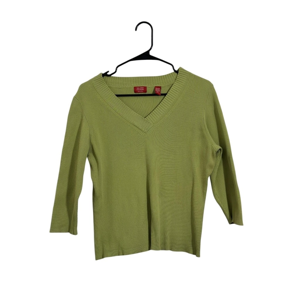 Valerie‎ Stevens Green Pima Cotton Ribbed V-Neck Sweater 3/4 Sleeve Women's XL